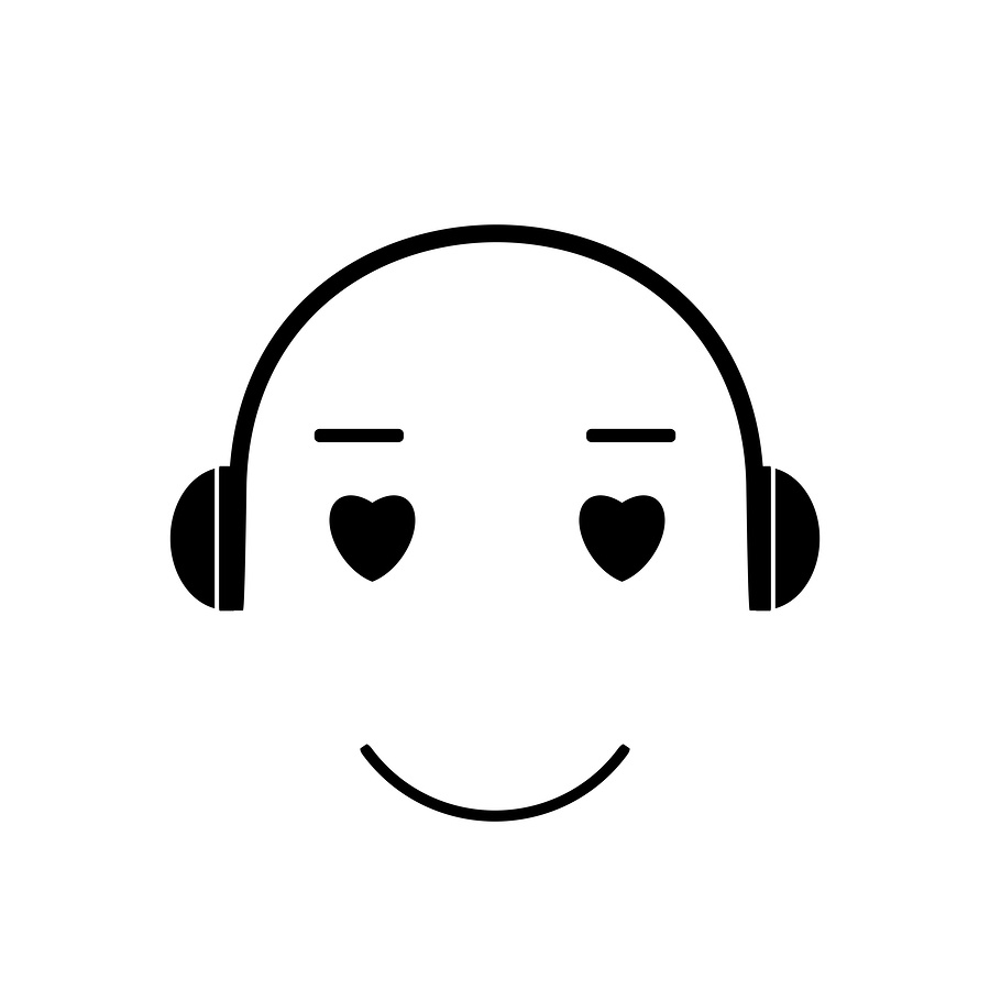 Icon love for music. Face Emoji music lover listens to music with headphones. Emoticon vector illustration. Music icon. Music vector