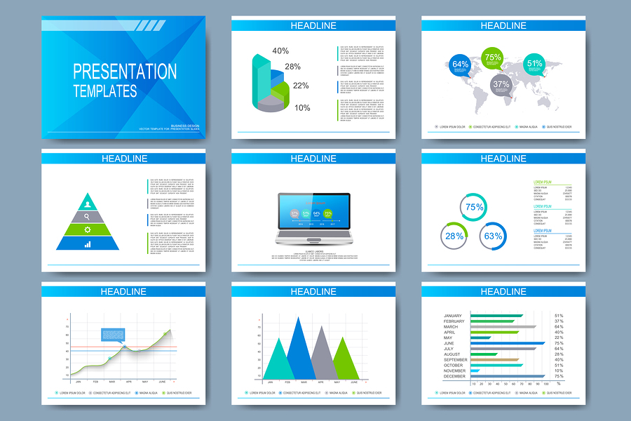 Set of vector templates for presentation slides. Modern business design with graph and charts.
