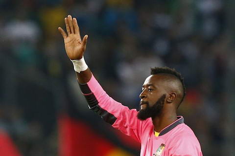 Cameroon's goalkeeper Charles Itandje waves after their international friendly soccer match against Germany in Moenchengladbach
