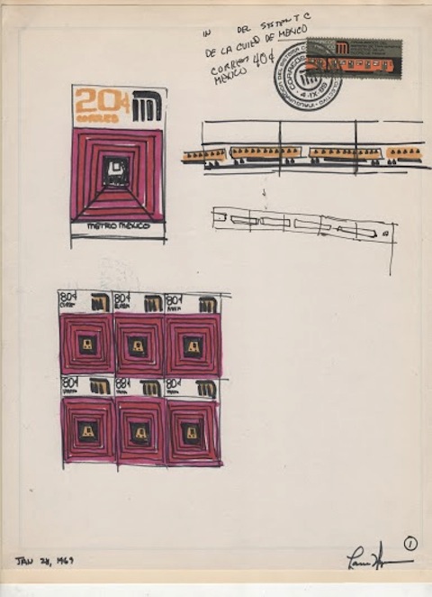 Bocetos para la estampilla conmemorativa de la inauguración del Metro, 1969. Cortesía MUAC