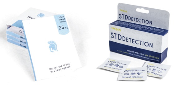 Izq. condones con viagra incluido. Diseñado por Ben Niu /Der, condones que detectan ETS al cambiar de color. Diseñado por: Alex Mojica
