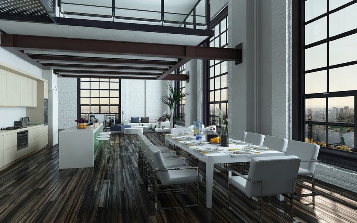 3D Rendering of Modern open-plan dining room kitchen interior with a large table with formal place settings in a long room with feature windows, a mezzanine and fitted kitchen appliances and counter