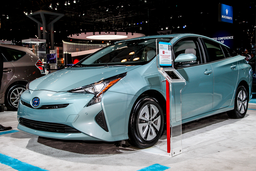 NEW YORK - March 23: A Toyota Prius exhibit at the 2016 New York International Auto Show during Press day, public show is running from March 25th through April 3, 2016 in New York, NY.