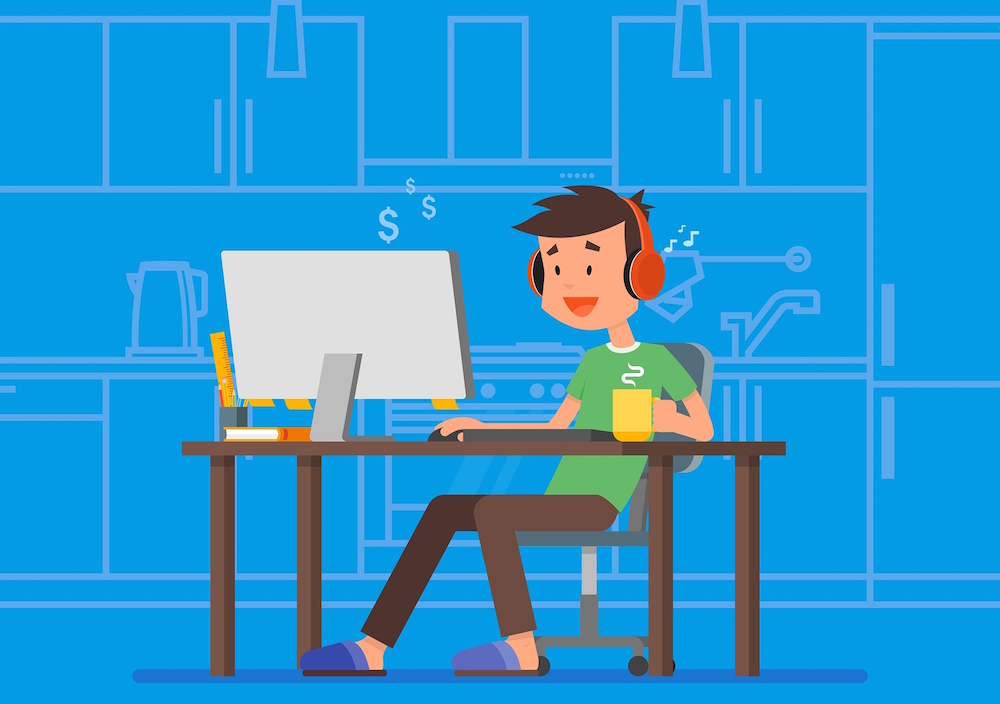 Male freelancer working remotely from his room. Freelance concept vector illustration in flat style design. Home office workplace. Online shopping.