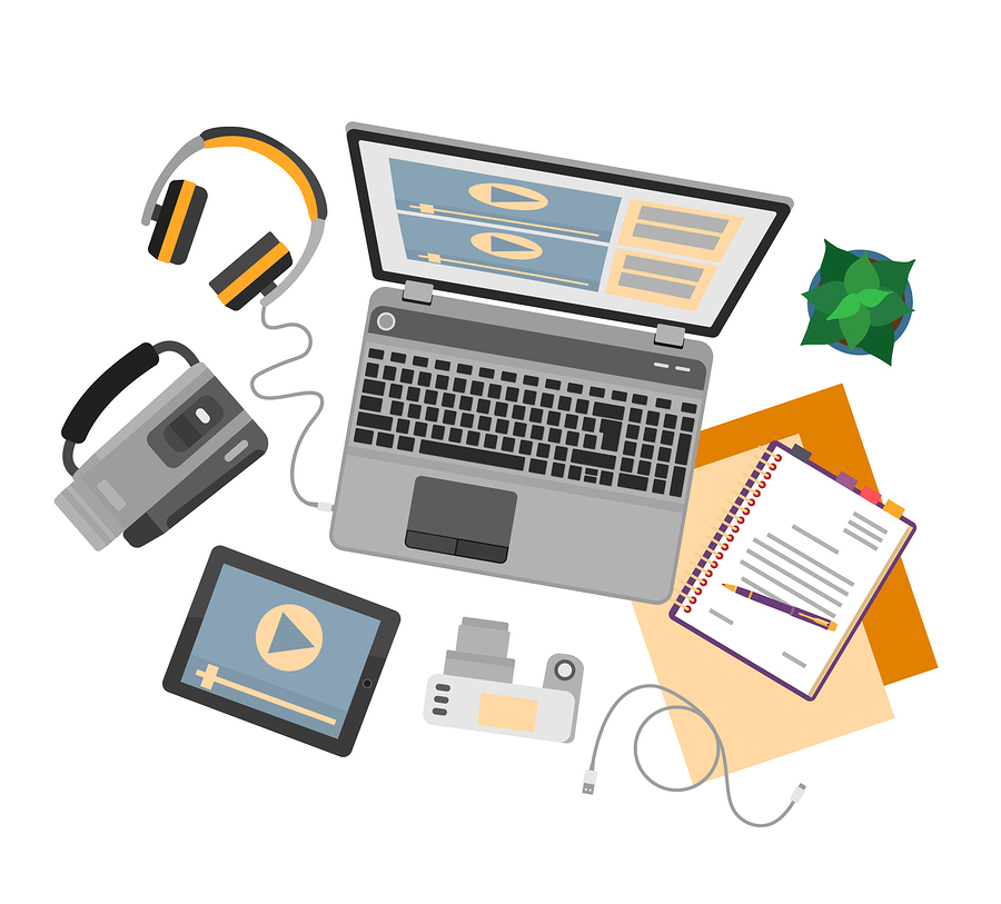 Top view of workplace with devices for video edit, tutorials and post production. Vector illustration. Flat design mockup banner website for professional movie production, video edition.