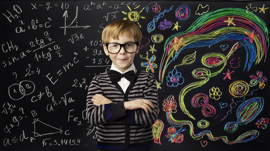 Kid Creativity Education Concept Child Learning Art Mathematics Formula School Boy Ideas on Black Chalk Board