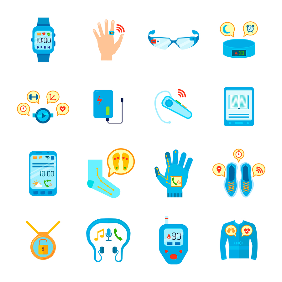 Smart Things Icons Set. Wearable Technology Vector Illustration. Wearable Technology Gadgets Flat Symbols. Wearable Technology Gadgets Design Set. Wearable Technology Gadgets Isolated Set.