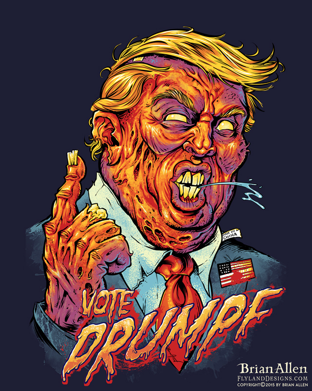 This t-shirt design is going to be HUGE! Nothing can stop The Drumpf - not even death! Make your wardrobe GREAT AGAIN with this killer Trump tribute (Trumpute?) and be the coolest kid at your next rally! If you are sued while wearing this shirt, Donald will pay your legal fees. This zombified billionaire was illustrated in Clip Studio Paint and silk-screened in 6 glorious colors that will make you win every time.