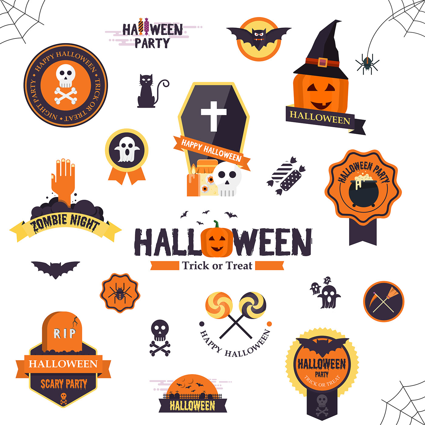 Set Of Flat Designed Happy Halloween Badges and Labels. Halloween Scrapbook Set. Vector Illustration
