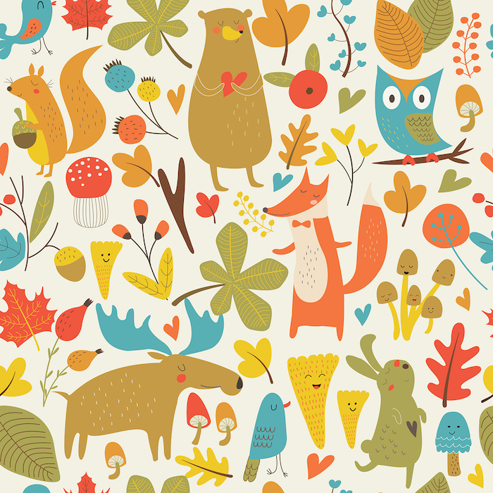 Seamless autumn forest background with cute bear, hare, squirrel, elk, owl, fox, flowers, mushrooms, birds and hearts in cartoon style