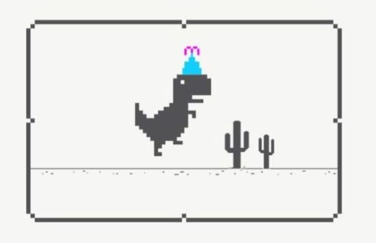 Los desarrolladores del Dinosaurio de Google lanzaron un rediseño festivo del juego con pastel, globos y elementos de color que usualmente no tiene.