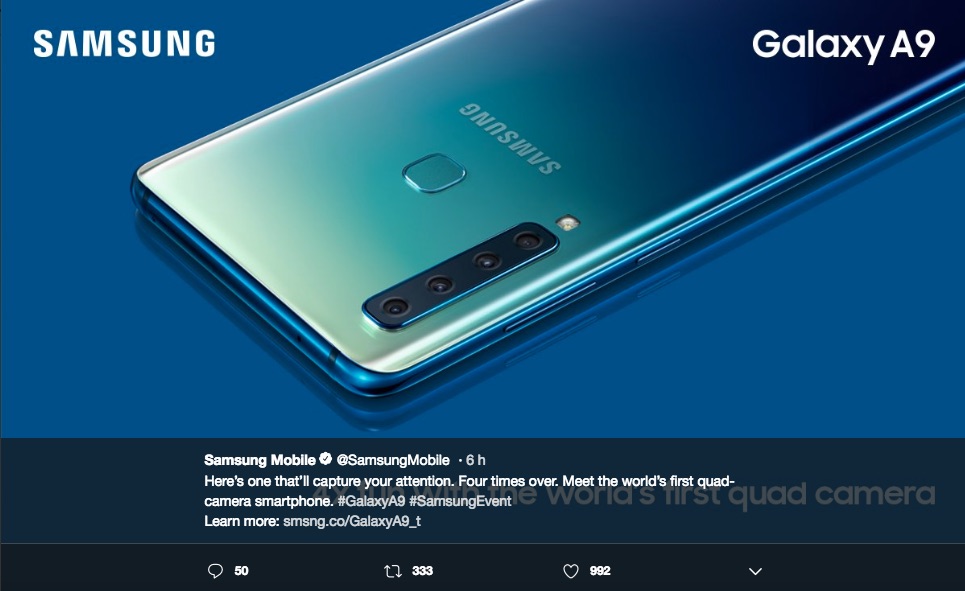 El lanzamiento del Samsung Galaxy A9 con 4 cámaras traseras y una frontal, nos sorprendió a todos junto con sus colores disponibles.