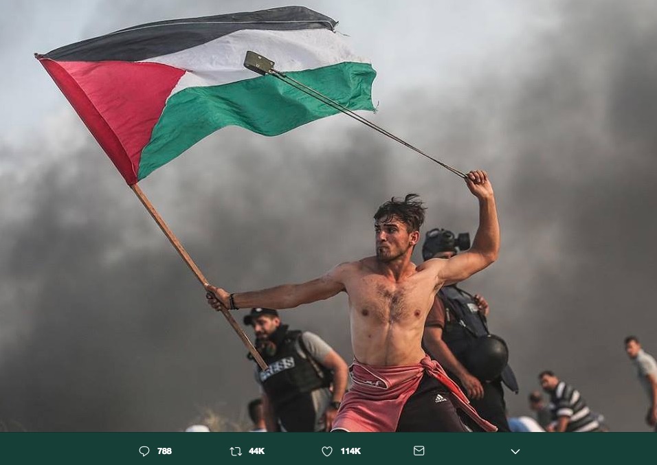 La fotografía de un joven palestino que sostiene una bandera y una honda causó furor en redes sociales por su similitud con una obra de arte clásica.