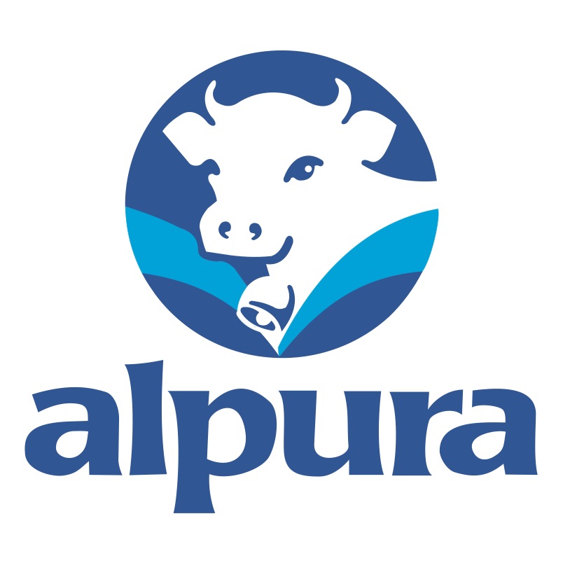 Logo de Alpura de una vaca con una margarita a la natural y confiable