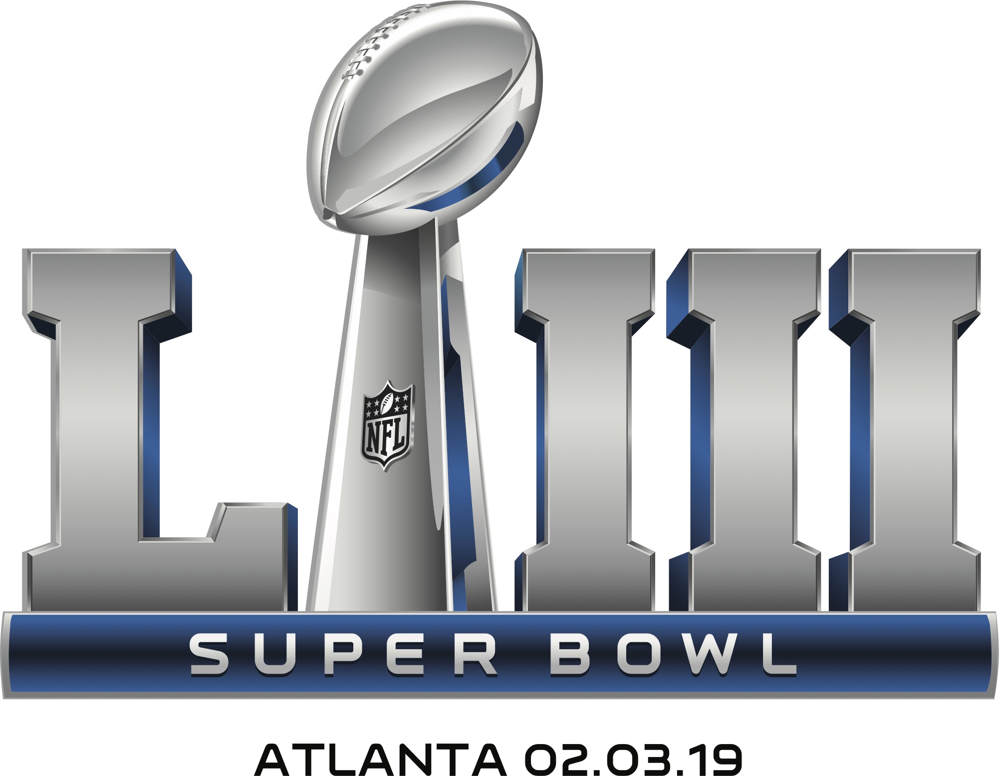 El logo del Super Bowl LIII corresponde a una fórmula similar desde la quincuagésima edición; muestra al trofeo Vincent Lombardi en primer plano.