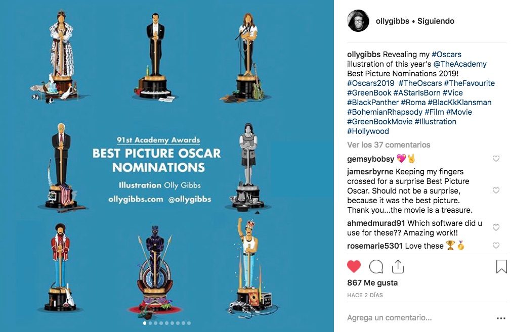 ¿Te imaginas las estatuillas de los Premios Oscar con los personajes de las películas nominadas? El ilustrador Olly Gibbs lo hizo posible.