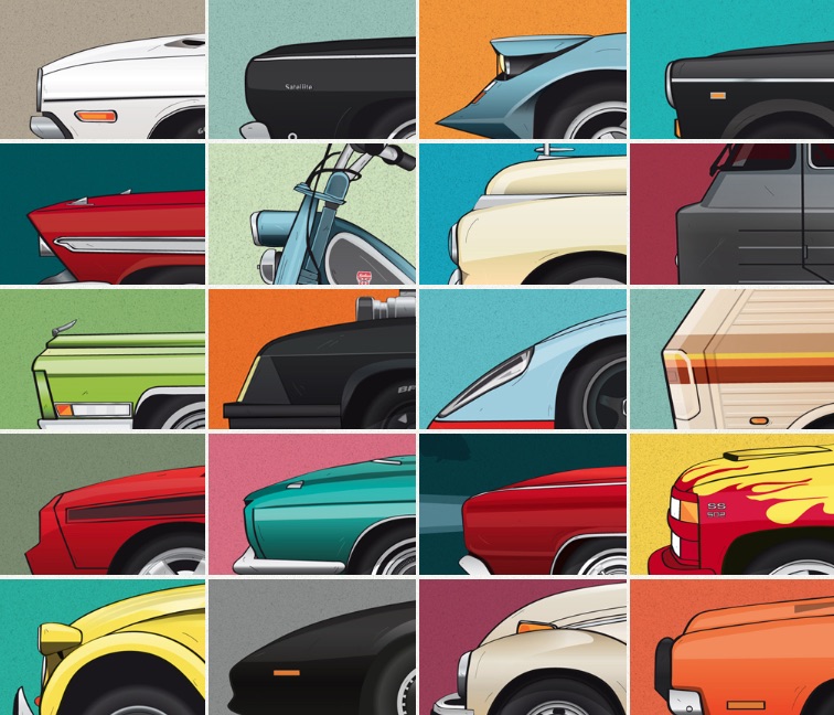 Cars and Films retoma casi 10 automóviles, motocicletas o camiones relevantes de películas y los transforma en pósters ilustrados.