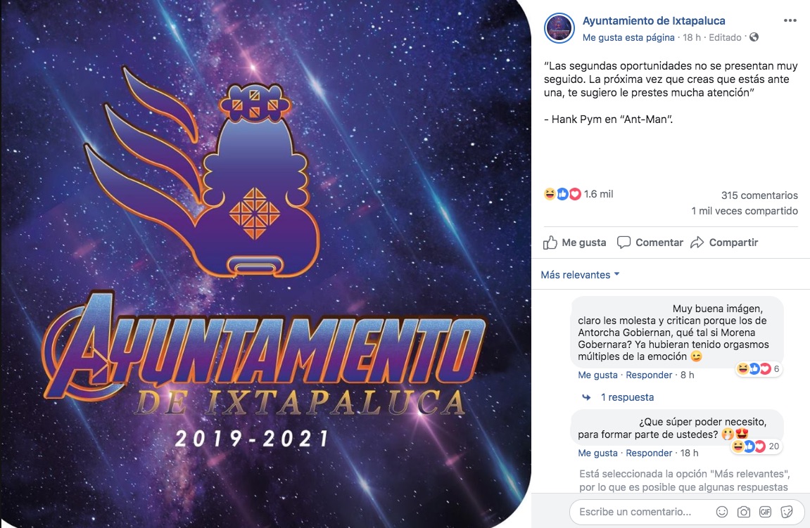 El Ayuntamiento de Ixtapaluca (Edo.Méx) modificó su logotipo al estilo del póster de Avengers Endgame, con todo y la simbólica "A".